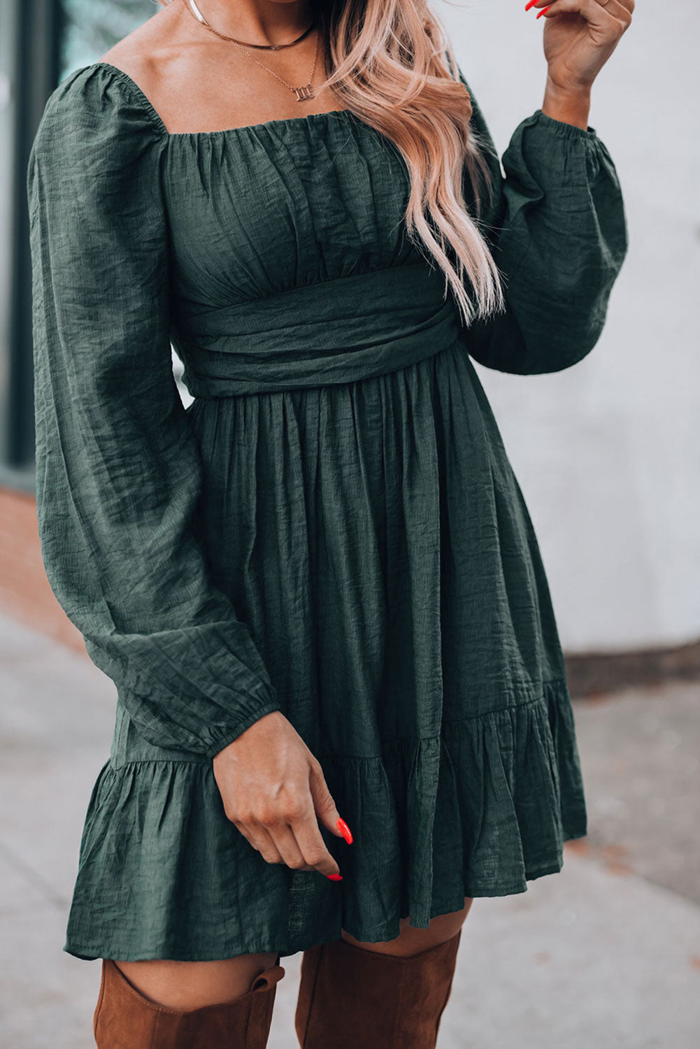 Ruched Puff Sleeve Mini Dress