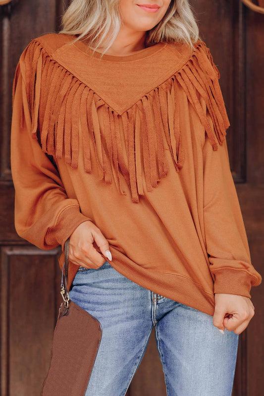 Solid Color Chevron Fringe Loose Pullover Sweatshirt