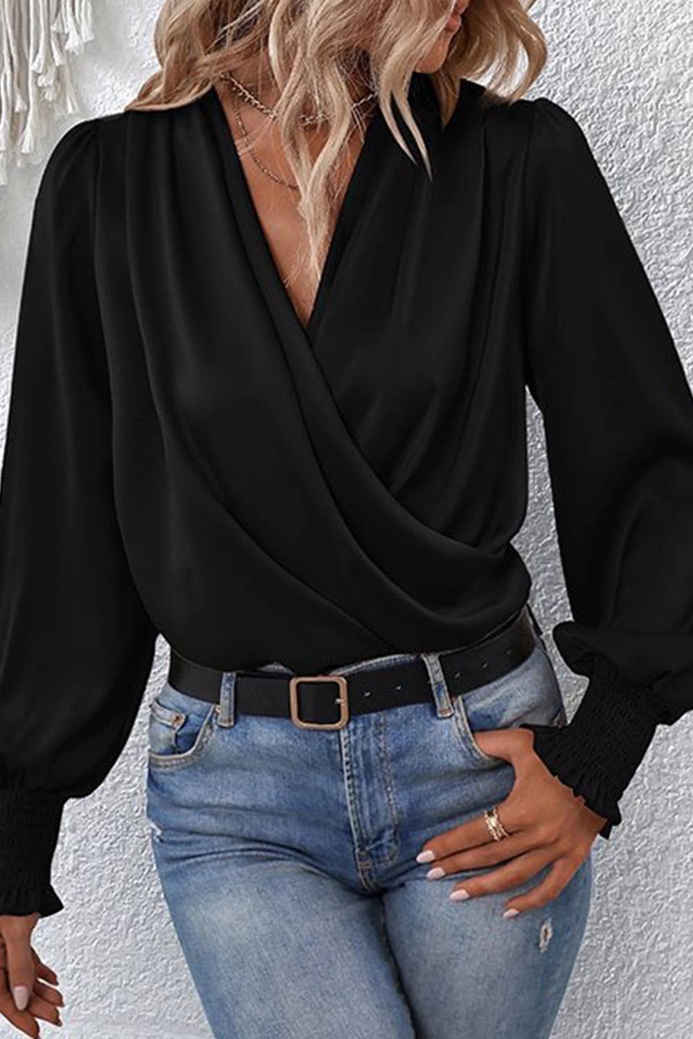 Surplice Neck Shirred Cuffs Draped Blouse